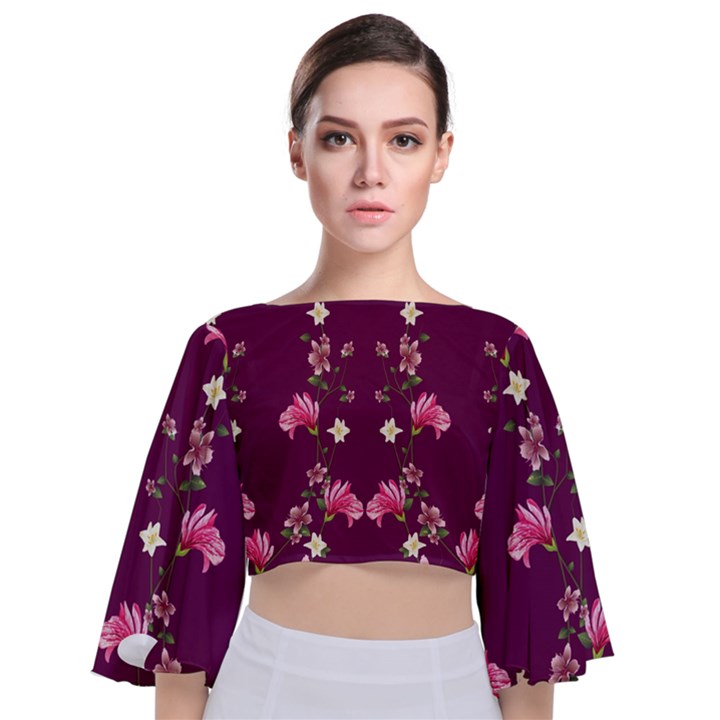 New Motif Design Textile New Design Tie Back Butterfly Sleeve Chiffon Top