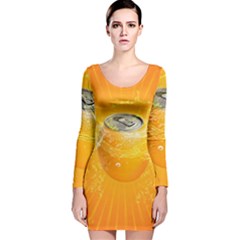 Orange Drink Splash Poster Long Sleeve Velvet Bodycon Dress by Sapixe