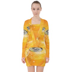 Orange Drink Splash Poster V-neck Bodycon Long Sleeve Dress by Sapixe