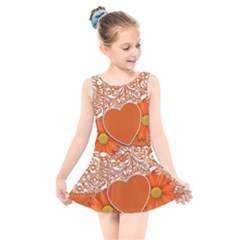 Flower Floral Heart Background Kids  Skater Dress Swimsuit