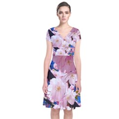 Flower Cherry Wood Tree Flowers Short Sleeve Front Wrap Dress by Sapixe