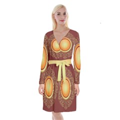 Badge Gilding Sun Red Oriental Long Sleeve Velvet Front Wrap Dress by Sapixe