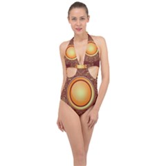 Badge Gilding Sun Red Oriental Halter Front Plunge Swimsuit by Sapixe