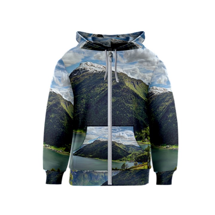 Panoramic Nature Mountain Water Kids  Zipper Hoodie