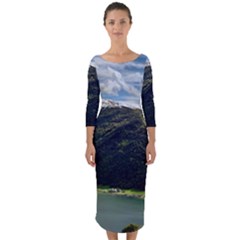 Panoramic Nature Mountain Water Quarter Sleeve Midi Bodycon Dress by Sapixe