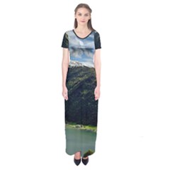 Panoramic Nature Mountain Water Short Sleeve Maxi Dress by Sapixe