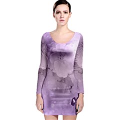 Wonderful Flowers In Soft Violet Colors Long Sleeve Bodycon Dress by FantasyWorld7