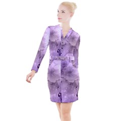 Wonderful Flowers In Soft Violet Colors Button Long Sleeve Dress by FantasyWorld7