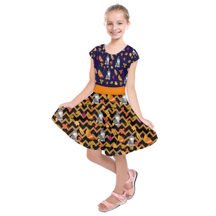 Navy & Orange Autumn Halloween Pattern Kids  Short Sleeve Dress