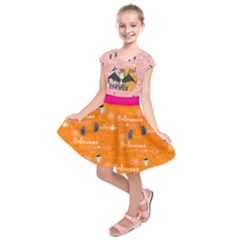 Pink & Orange Halloween Unicorn Prints Kids  Short Sleeve Dress by PattyVilleDesigns