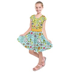 Light Yellow & Cyan Autumn Unicorn Prints Kids  Short Sleeve Dress by PattyVilleDesigns