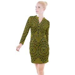 Flower Wreath In The Green Soft Yellow Nature Button Long Sleeve Dress