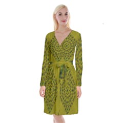 Flower Wreath In The Green Soft Yellow Nature Long Sleeve Velvet Front Wrap Dress by pepitasart