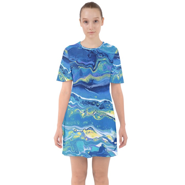 Sunlit Waters Sixties Short Sleeve Mini Dress