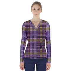 Playing With Plaid Kitten (purple) Halloween Pattern V-neck Long Sleeve Top by emilyzragz