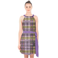 Playing With Plaid Kitten (purple) Halloween Pattern Halter Collar Waist Tie Chiffon Dress by emilyzragz