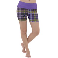 Playing With Plaid Kitten (purple) Halloween Pattern Lightweight Velour Yoga Shorts by emilyzragz