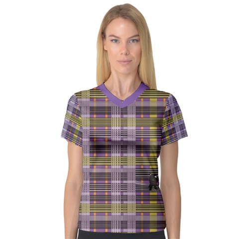 Playing With Plaid Kitten (purple) Halloween Pattern V-neck Sport Mesh Tee by emilyzragz