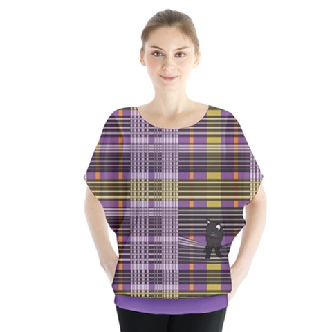 Playing With Plaid Kitten (purple) Halloween Pattern Batwing Chiffon Blouse by emilyzragz