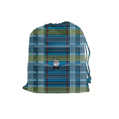 Playing With Plaid Kitten (blue) Pattern Drawstring Pouch (large) by emilyzragz