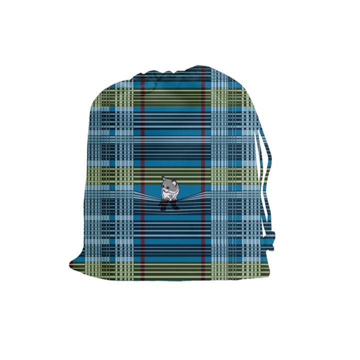 Playing with Plaid Kitten (Blue) Pattern Drawstring Pouch (Large)