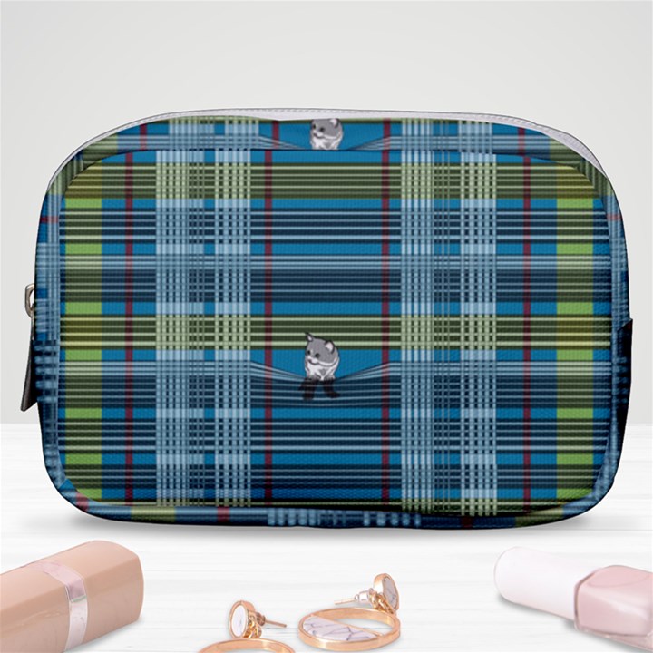 Playing with Plaid Kitten (Blue) Pattern Make Up Pouch (Small)