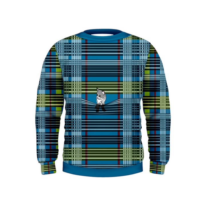 Playing with Plaid Kitten (Blue) Pattern Kids  Sweatshirt