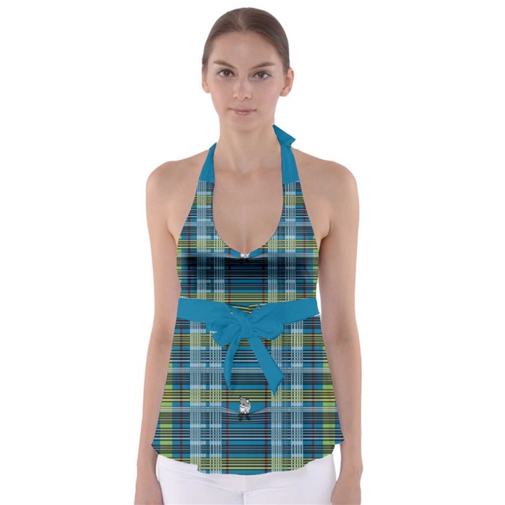 Playing with Plaid Kitten (Blue) Pattern Babydoll Tankini Top