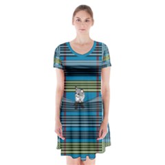 Playing With Plaid Kitten (blue) Pattern Short Sleeve V-neck Flare Dress by emilyzragz