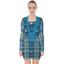 Playing with Plaid Kitten (Blue) Pattern V-neck Bodycon Long Sleeve Dress View1