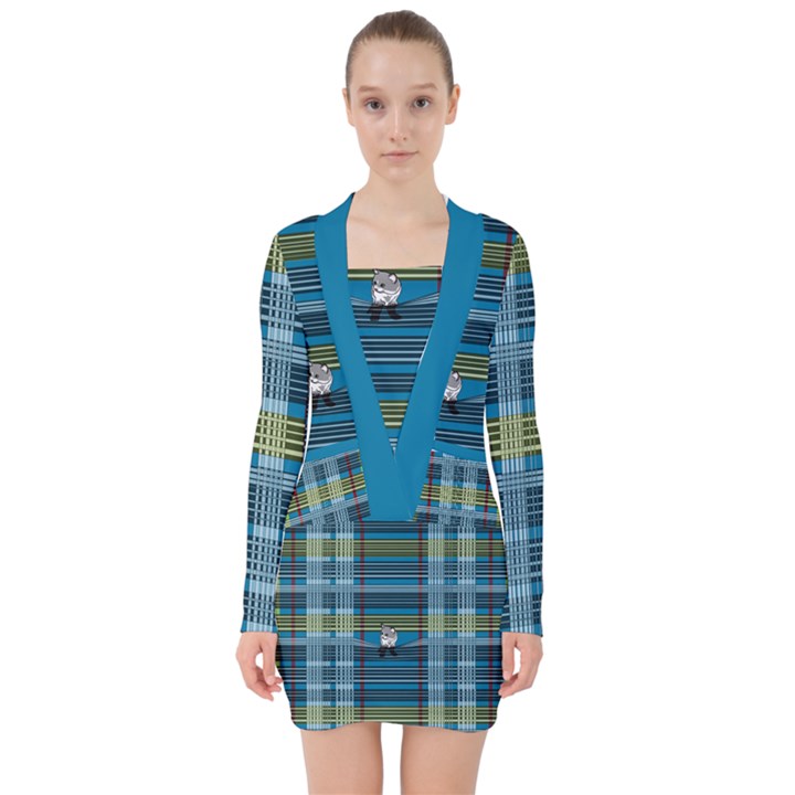 Playing with Plaid Kitten (Blue) Pattern V-neck Bodycon Long Sleeve Dress