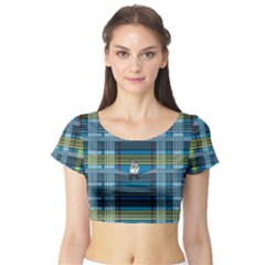 Playing With Plaid Kitten (blue) Pattern Short Sleeve Crop Top by emilyzragz