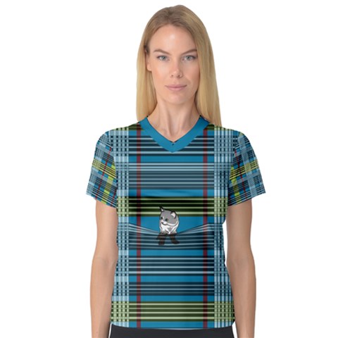 Playing With Plaid Kitten (blue) Pattern V-neck Sport Mesh Tee by emilyzragz