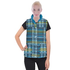 Playing With Plaid Kitten (blue) Pattern Women s Button Up Vest by emilyzragz