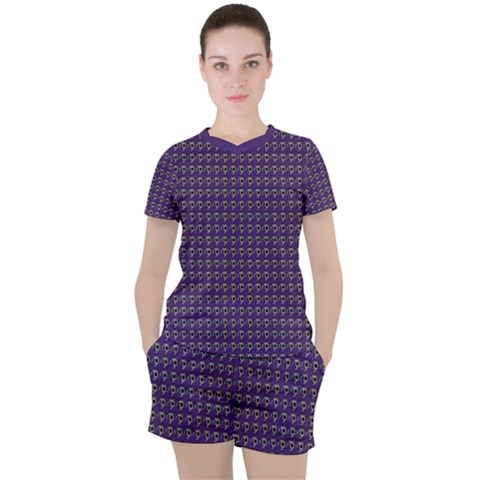 Luv Machine Robot Houndstooth Pattern Purple Women s Mesh Tee And Shorts Set by emilyzragz