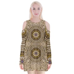 Moon Shine Over The Wood In The Night Of Glimmering Pearl Stars Velvet Long Sleeve Shoulder Cutout Dress by pepitasart