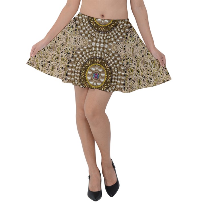 Moon Shine Over The Wood In The Night Of Glimmering Pearl Stars Velvet Skater Skirt