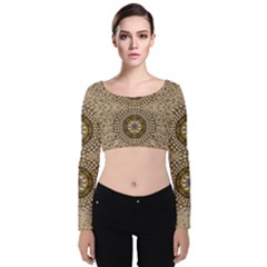 Moon Shine Over The Wood In The Night Of Glimmering Pearl Stars Velvet Long Sleeve Crop Top by pepitasart