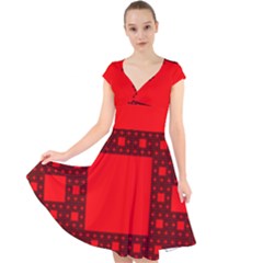 Red Sierpinski Carpet Plane Fractal Cap Sleeve Front Wrap Midi Dress by Sapixe