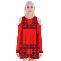 Red Sierpinski Carpet Plane Fractal Velvet Long Sleeve Shoulder Cutout Dress by Sapixe