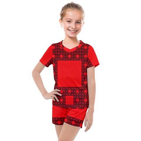 Red Sierpinski Carpet Plane Fractal Kids  Mesh Tee And Shorts Set by Sapixe