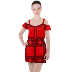 Red Sierpinski Carpet Plane Fractal Ruffle Cut Out Chiffon Playsuit by Sapixe