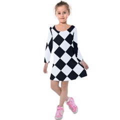 Grid Domino Bank And Black Kids  Long Sleeve Velvet Dress by Sapixe