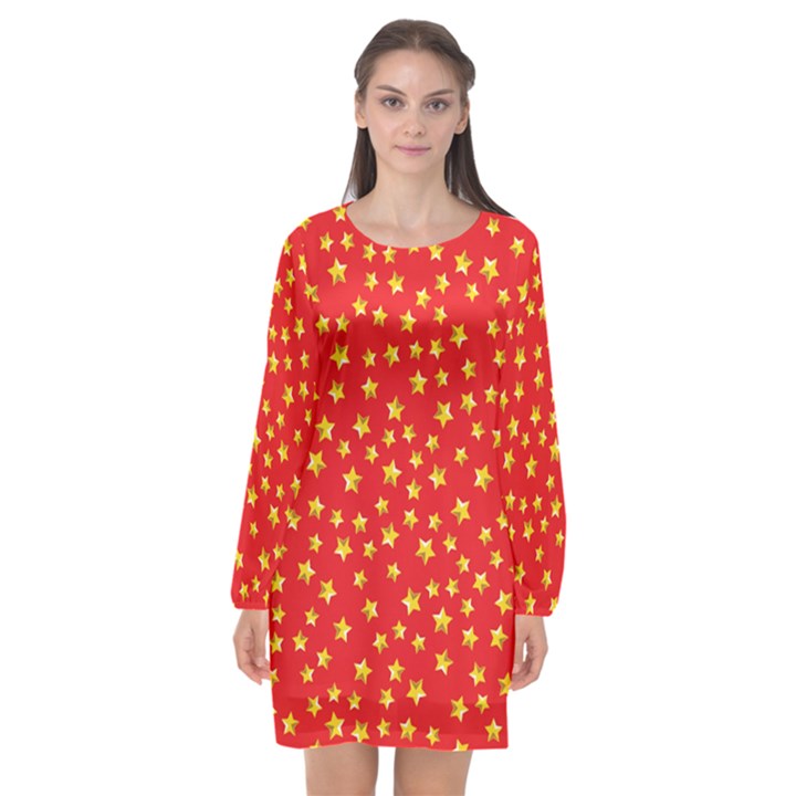 Pattern Stars Multi Color Long Sleeve Chiffon Shift Dress 