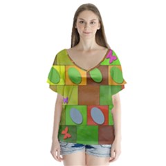 Easter Egg Happy Easter Colorful V-neck Flutter Sleeve Top by Sapixe