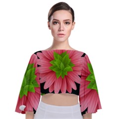 Plant Flower Flowers Design Leaves Tie Back Butterfly Sleeve Chiffon Top