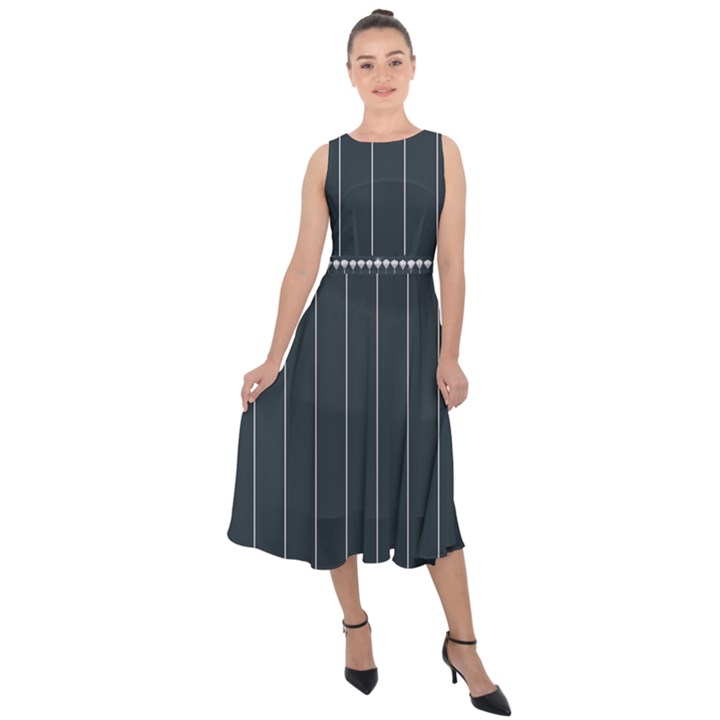 Pinstripe in Diamond Head Pins Pattern Midi Tie-Back Chiffon Dress