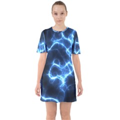 Electricity Blue Brightness Bright Sixties Short Sleeve Mini Dress by Sapixe