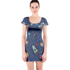 Cat Cosmos Cosmonaut Rocket Short Sleeve Bodycon Dress by Sapixe