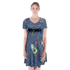 Cat Cosmos Cosmonaut Rocket Short Sleeve V-neck Flare Dress by Sapixe